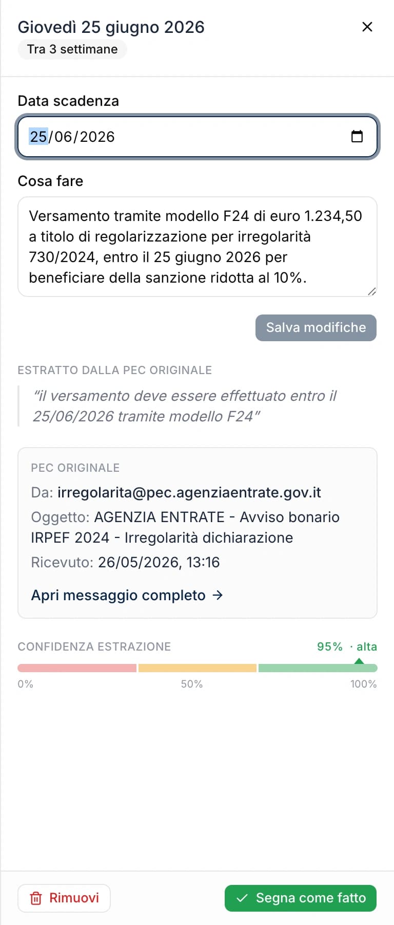 Il drawer di dettaglio di una scadenza in MayPEC.